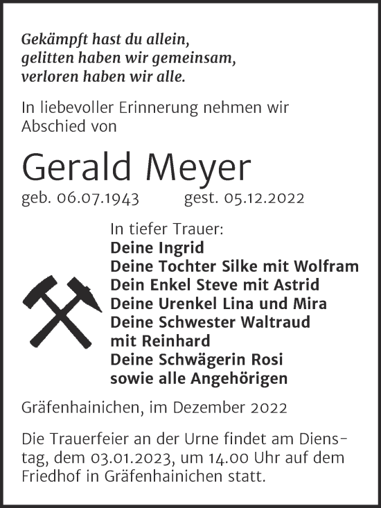 Traueranzeige von Gerald Meyer von Trauerkombi Wittenberg