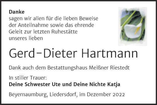 Traueranzeige von Gerd-Dieter Hartmann von Trauerkombi Sangerhausen