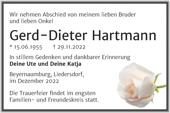 Traueranzeige von Gerd-Dieter Hartmann von Trauerkombi Sangerhausen
