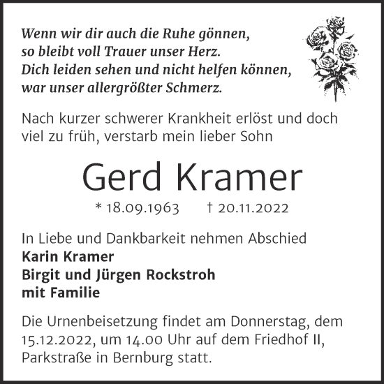 Traueranzeige von Gerd Kramer von Trauerkombi Bernburg