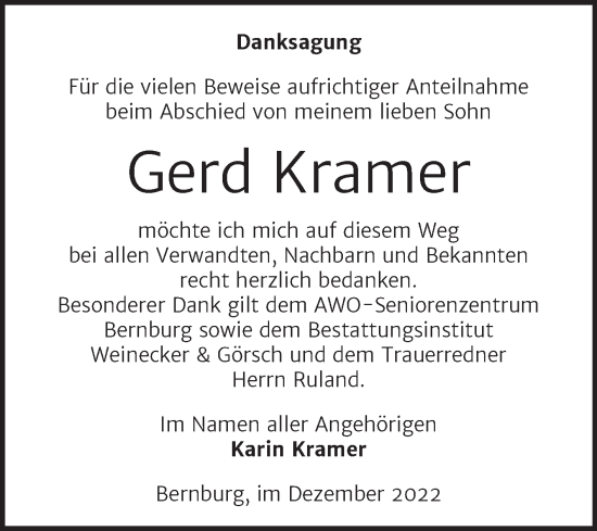 Traueranzeige von Gerd Kramer von Trauerkombi Bernburg