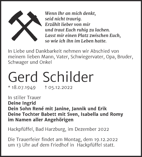 Traueranzeige von Gerd Schilder von Trauerkombi Sangerhausen