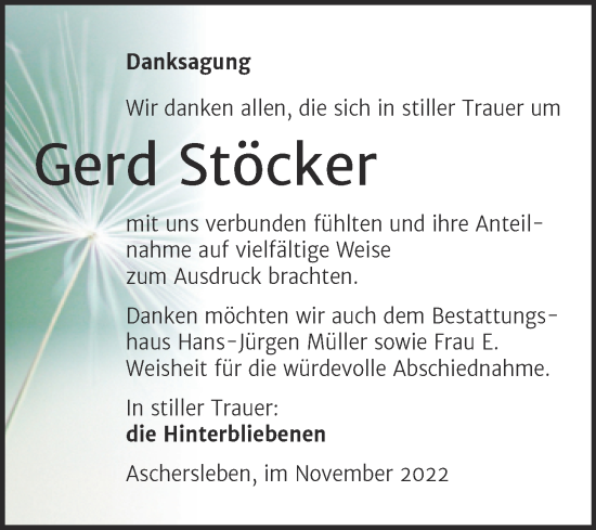Traueranzeige von Gerd Stöcker von Trauerkombi Aschersleben