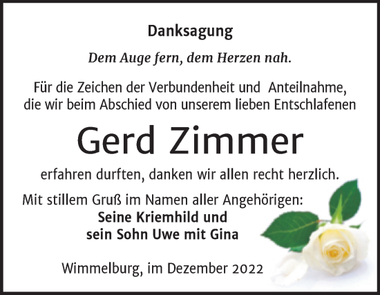 Traueranzeige von Gerd Zimmer von Trauerkombi Mansfelder Land