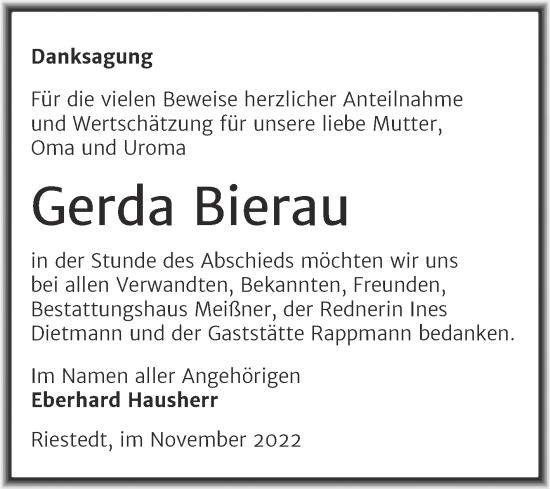 Traueranzeige von Gerda Bierau von Trauerkombi Sangerhausen