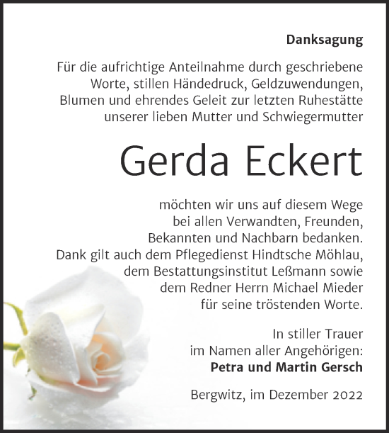 Traueranzeige von Gerda Eckert von Trauerkombi Wittenberg