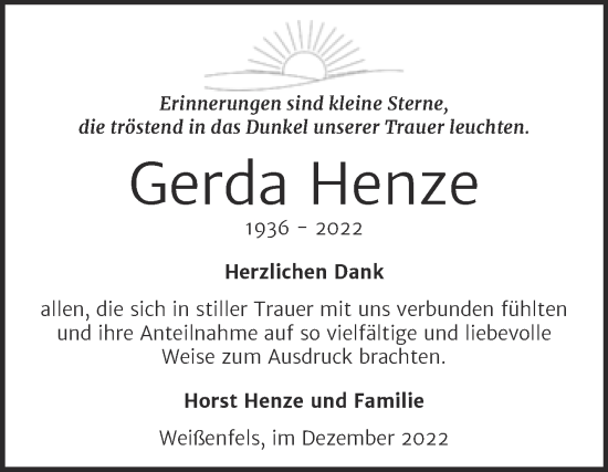 Traueranzeige von Gerda Henze von Trauerkombi Weißenfels