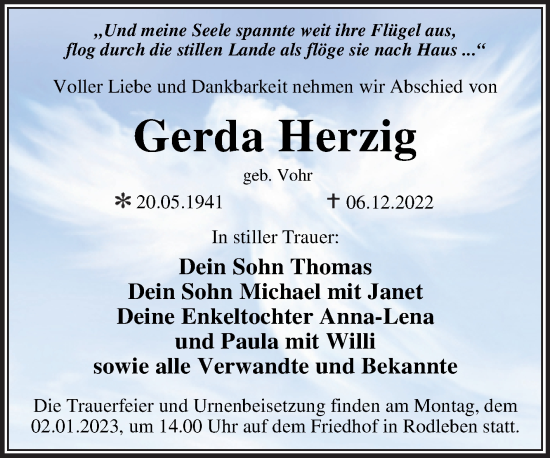 Traueranzeige von Gerda Herzig von Trauerkombi Dessau