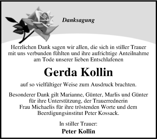 Traueranzeige von Gerda Kollin von Trauerkombi Dessau