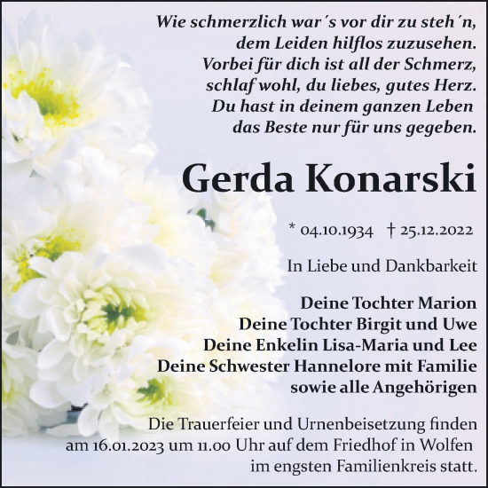 Traueranzeige von Gerda Konarski von Trauerkombi Bitterfeld