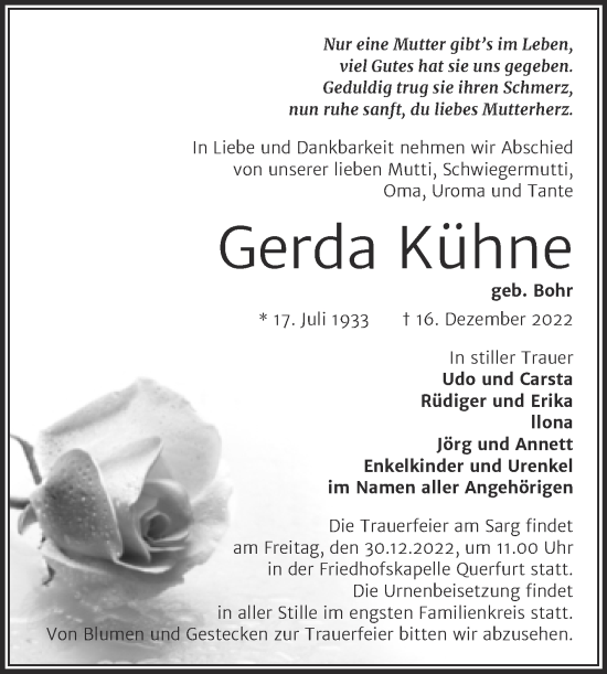Traueranzeige von Gerda Kühne von Trauerkombi Merseburg