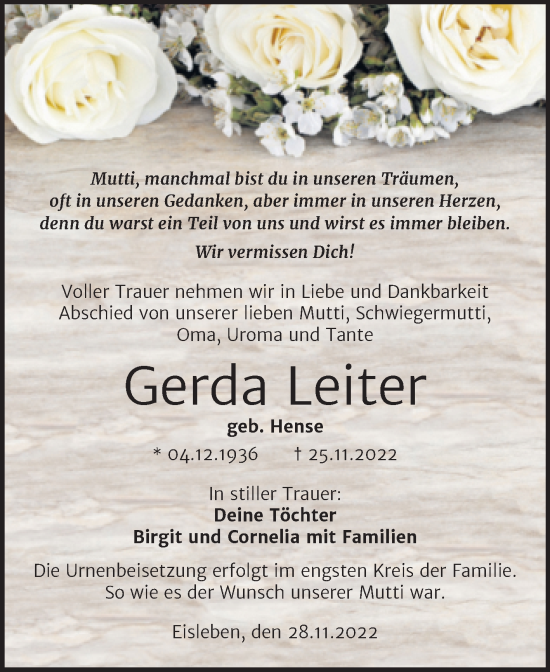 Traueranzeige von Gerda Leiter von Trauerkombi Mansfelder Land