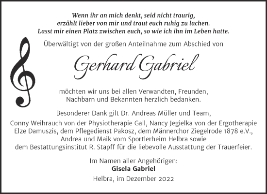 Traueranzeige von Gerhard Gabriel von Trauerkombi Mansfelder Land