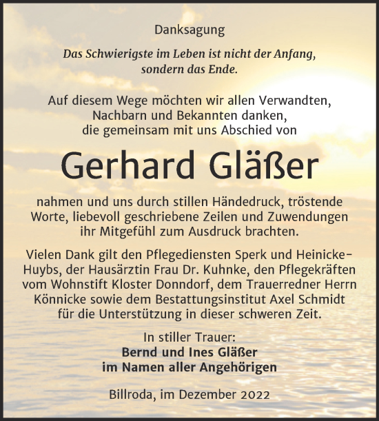 Traueranzeige von Gerhard Gläßer von Naumburger Tageblatt