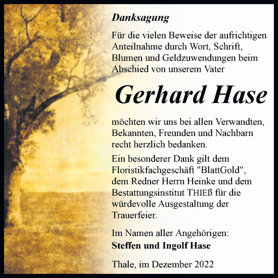 Traueranzeige von Gerhard Hase von Trauerkombi Quedlinburg