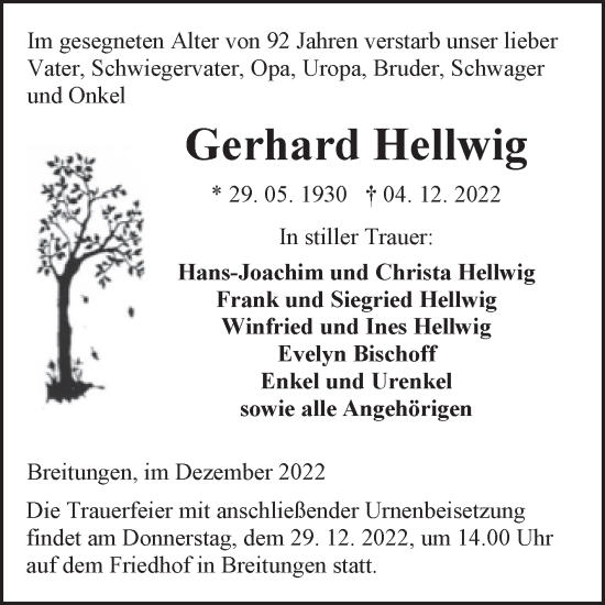 Traueranzeige von Gerhard Hellwig von Trauerkombi Sangerhausen