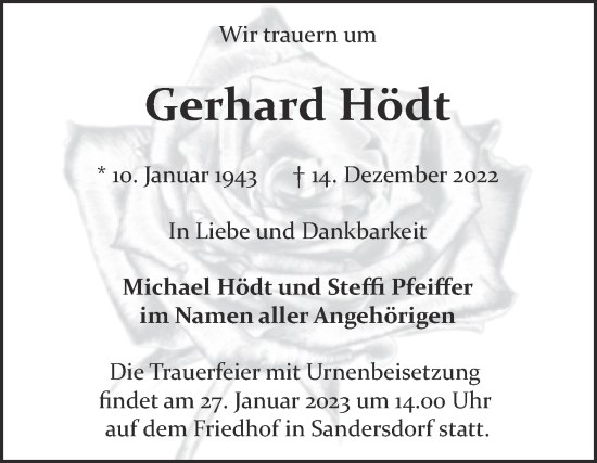 Traueranzeige von Gerhard Hödt von Trauerkombi Bitterfeld