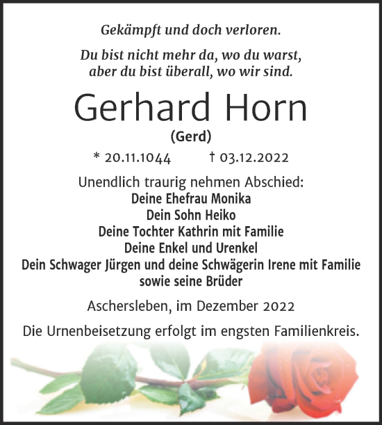 Traueranzeige von Gerhard Horn von Trauerkombi Aschersleben
