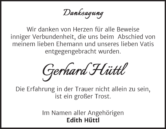 Traueranzeige von Gerhard Hüttl von Trauerkombi Mansfelder Land