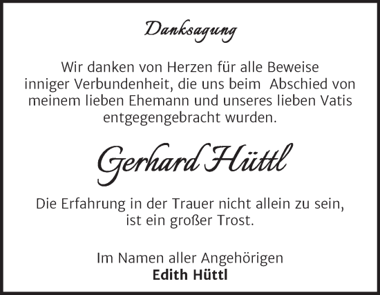 Traueranzeige von Gerhard Hüttl von Trauerkombi Sangerhausen