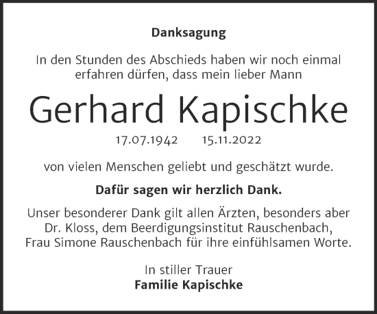 Traueranzeige von Gerhard Kapischke von Wochenspiegel Naumburg/Nebra