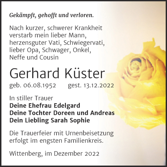 Traueranzeige von Gerhard Küster von Trauerkombi Wittenberg