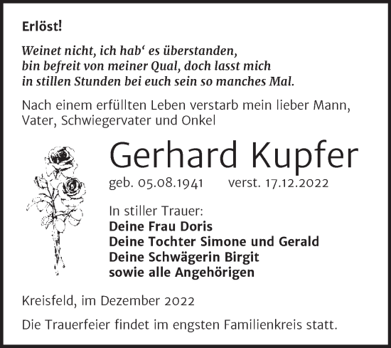 Traueranzeige von Gerhard Kupfer von Trauerkombi Mansfelder Land