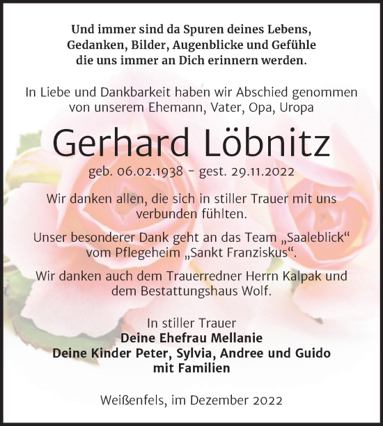 Traueranzeige von Gerhard Löbnitz von Trauerkombi Weißenfels