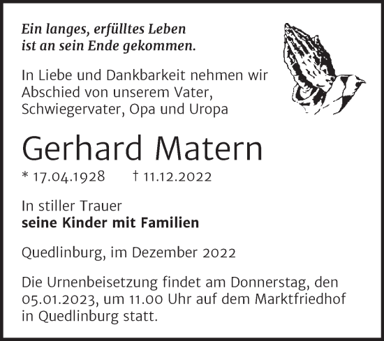 Traueranzeige von Gerhard Matern von Trauerkombi Quedlinburg