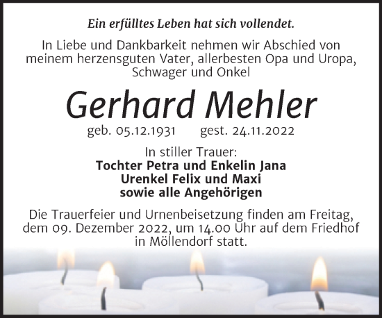 Traueranzeige von Gerhard Mehler von Trauerkombi Mansfelder Land
