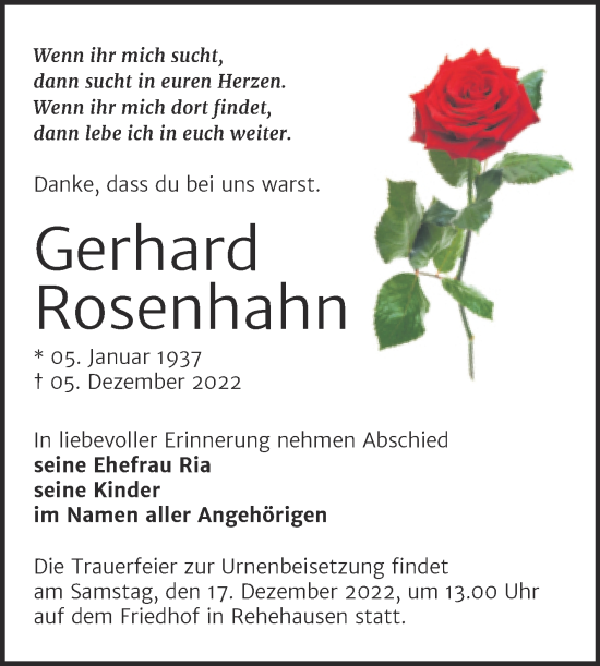 Traueranzeige von Gerhard Rosenhahn von Wochenspiegel Naumburg/Nebra