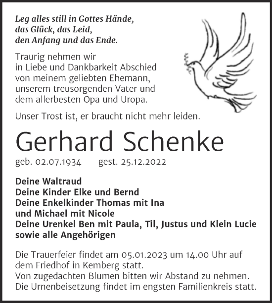 Traueranzeige von Gerhard Schenke von Trauerkombi Wittenberg