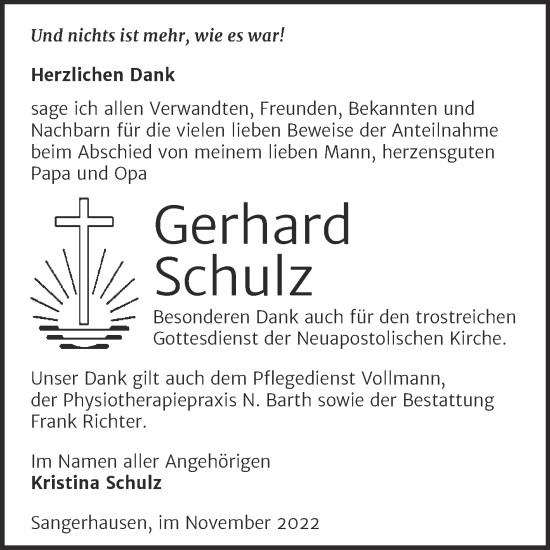 Traueranzeige von Gerhard Schulz von Trauerkombi Sangerhausen