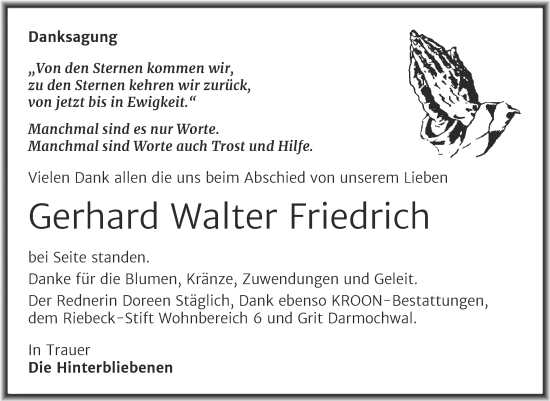 Traueranzeige von Gerhard Walter Friedrich von Mitteldeutsche Zeitung Halle/Saalkreis