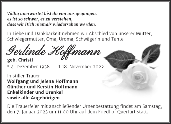 Traueranzeige von Gerlinde Hoffffmann von Trauerkombi Merseburg