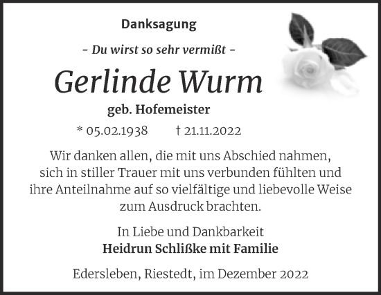 Traueranzeige von Gerlinde Wurm von Trauerkombi Sangerhausen