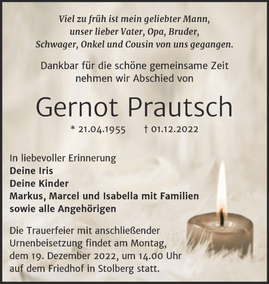 Traueranzeige von Gernot Prautsch von Trauerkombi Sangerhausen