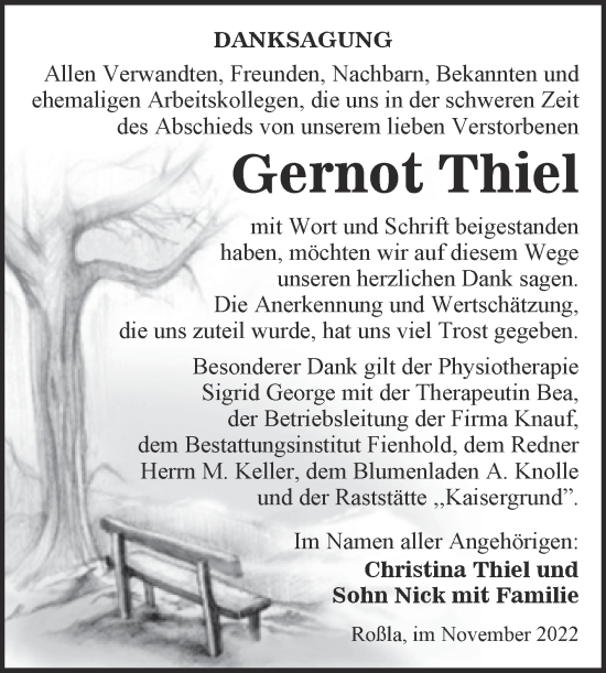 Traueranzeige von Gernot Thiel von Trauerkombi Sangerhausen