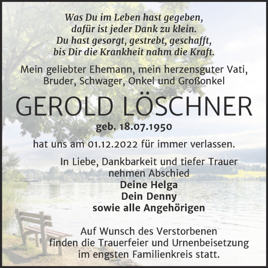 Traueranzeige von Gerold Löschner von Trauerkombi Bitterfeld
