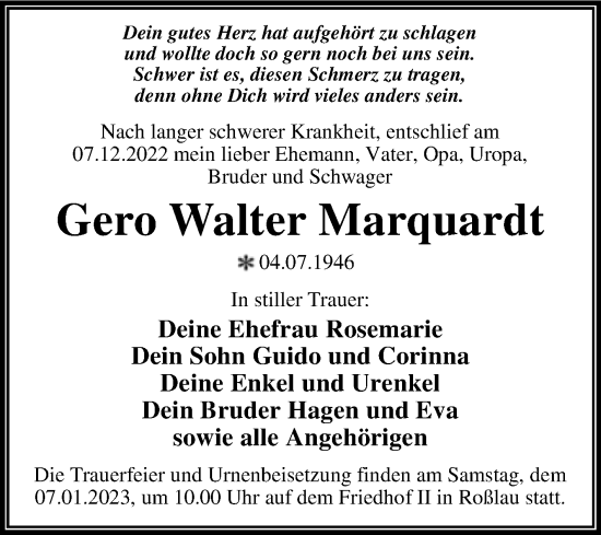 Traueranzeige von Gero Walter Marquardt von Trauerkombi Dessau