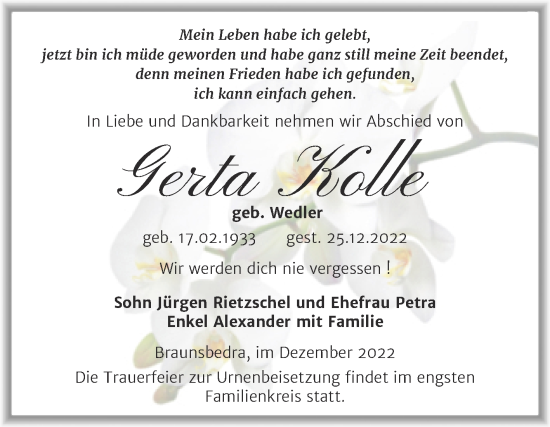 Traueranzeige von Gerta Kolle von Trauerkombi Merseburg
