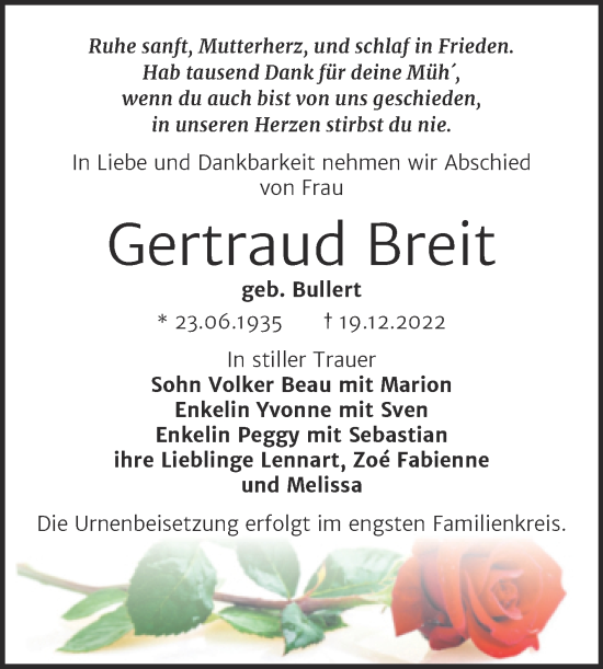 Traueranzeige von Gertraud Breit von Trauerkombi Bernburg