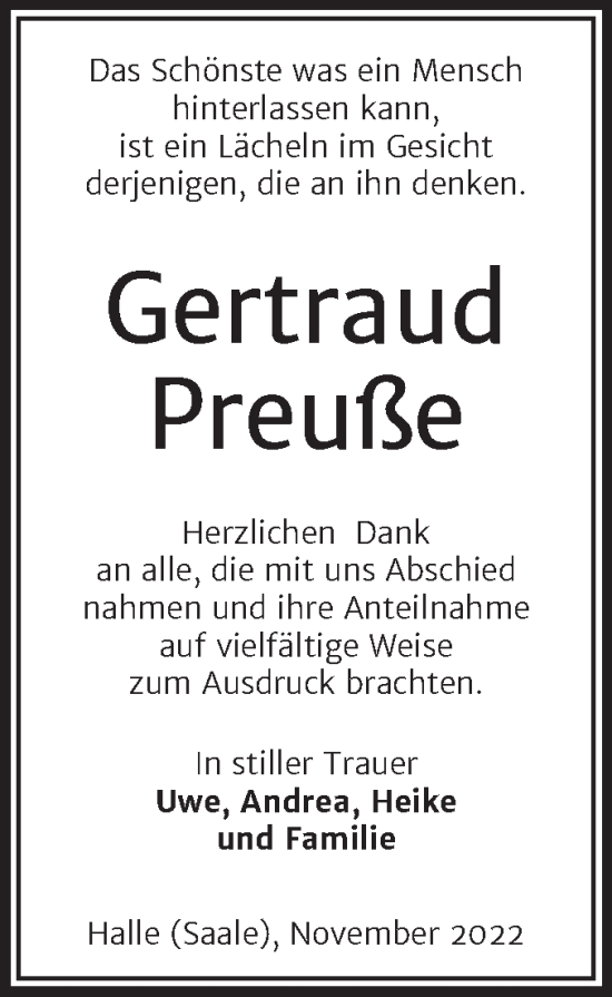 Traueranzeige von Gertraud Preuße von Mitteldeutsche Zeitung Halle/Saalkreis
