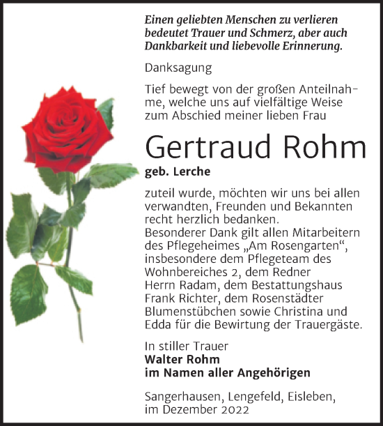 Traueranzeige von Gertraud Rohm von Trauerkombi Sangerhausen