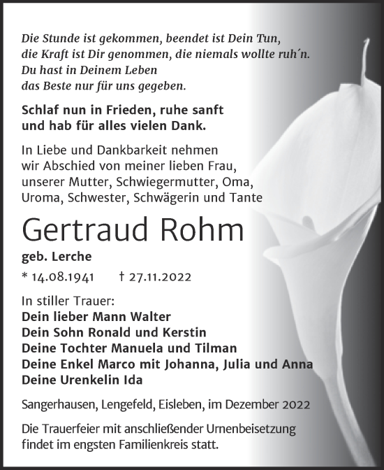 Traueranzeige von Gertraud Rohm von Trauerkombi Sangerhausen