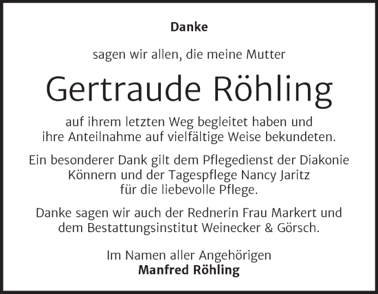 Traueranzeige von Gertraude Röhling von Mitteldeutsche Zeitung Bernburg