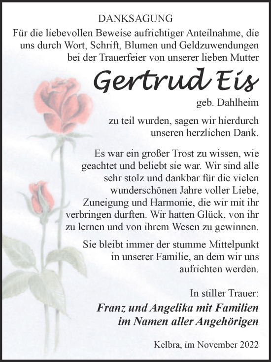 Traueranzeige von Gertrud Eis von Trauerkombi Sangerhausen
