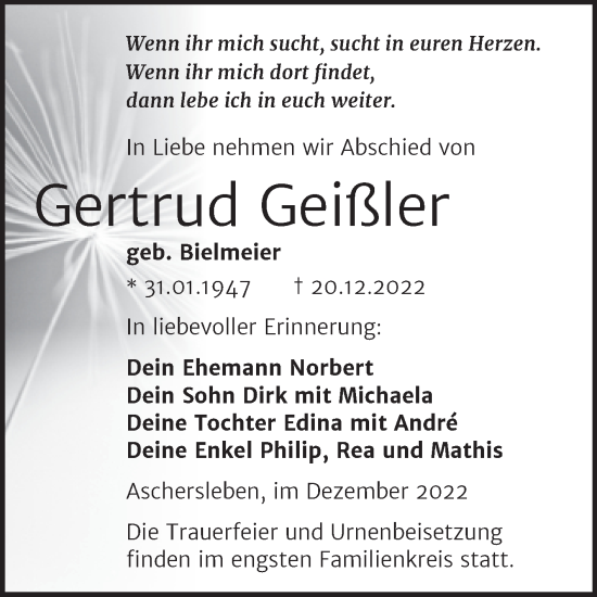 Traueranzeige von Gertrud Geißler von Trauerkombi Aschersleben