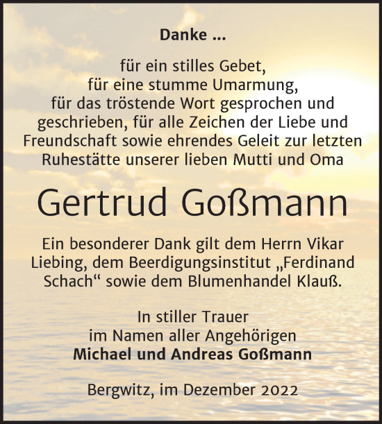 Traueranzeige von Gertrud Goßmann von Trauerkombi Wittenberg