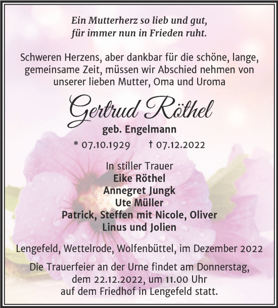 Traueranzeige von Gertrud Röthel von Super Sonntag Sangerhausen